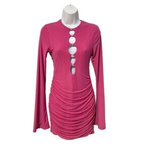 Oh Polly Bodycon Sexy Dress 8 Pink Front Cutout Rhinestones Coquette Bell Sleeve